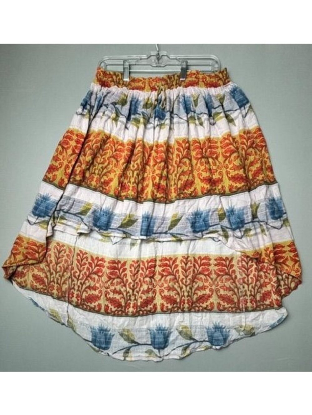 Free People Boho Tiered Midi Skirt Large Floral Print High Low Elastic Waist Cot